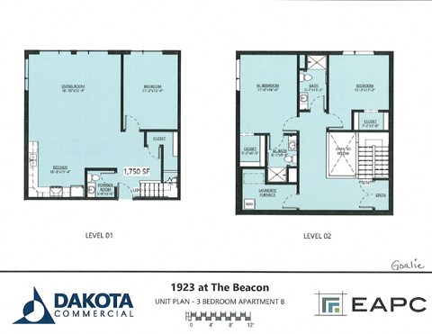 Floor plan for 2 beds, 2.5 baths, 1750 sqft